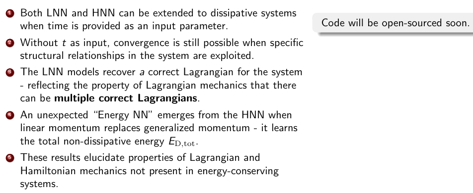 Conclusions summarizing the dissipative LNN and HNN findings.